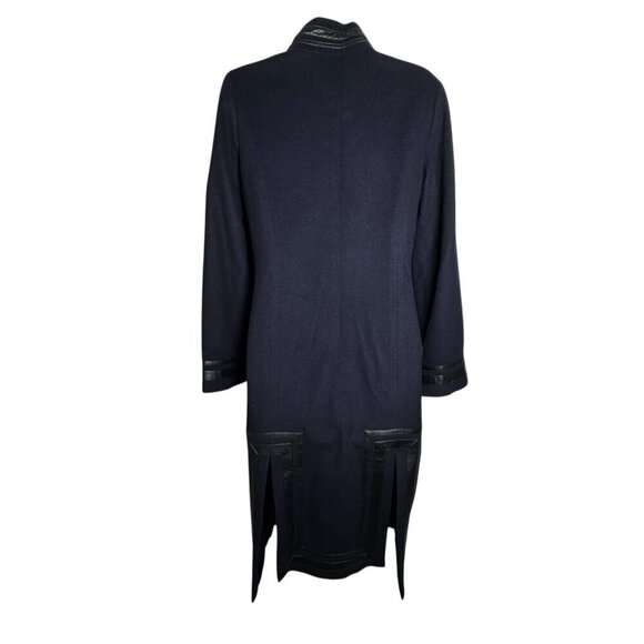 Shanghai Tang Womens Navy Blue Cashmere & Wool Coat Black leather trim Size 4 - Picture 4 of 8